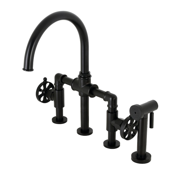 Kingston Brass KS2330RX Industrial Style Bridge Kitchen Faucet with Brass Sprayer, Matte Black KS2330RX - main
